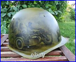 Original USSR Military Army Helmet Painted Art Theme'The Motorcyclists in WW2