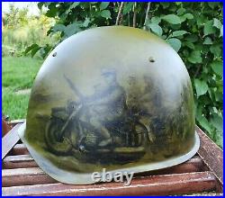 Original USSR Military Army Helmet Painted Art Theme'The Motorcyclists in WW2