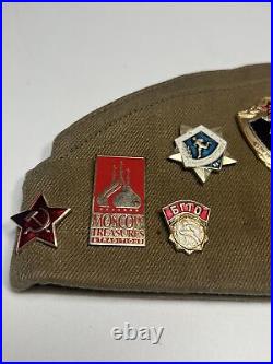 Rare Soviet Union Russian Military Hat & Pins. USSR CCCP Badge with 3 patches