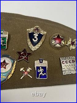 Rare Soviet Union Russian Military Hat & Pins. USSR CCCP Badge with 3 patches