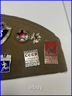 Rare Soviet Union Russian Military Hat & Pins. USSR CCCP Badge with 3 patches