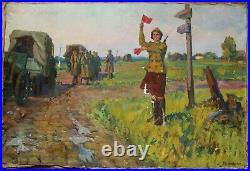 Ukrainian Soviet USSR oil painting military road girl soldier army WW2