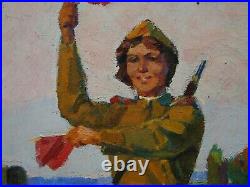 Ukrainian Soviet USSR oil painting military road girl soldier army WW2