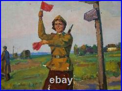 Ukrainian Soviet USSR oil painting military road girl soldier army WW2