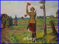 Ukrainian Soviet USSR oil painting military road girl soldier army WW2