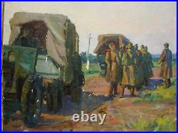 Ukrainian Soviet USSR oil painting military road girl soldier army WW2