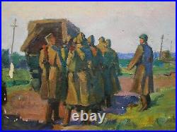 Ukrainian Soviet USSR oil painting military road girl soldier army WW2