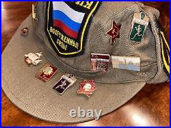 Vintage Soviet Union Russian Military Hat with 19 Pins USSR Patches 1990 #57